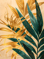 Golden and green leaves on a beige background.