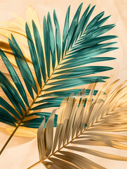 Golden and green palm leaves on a beige background.