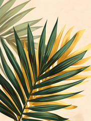 Golden and green palm leaves on a beige background.