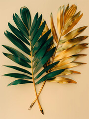 Golden and green palm leaves on a beige background.