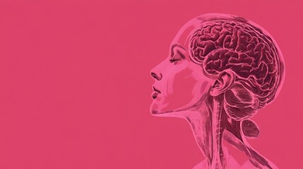 Obraz premium A profile illustration of a human head showcasing the brain against a pink background.