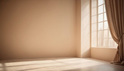 Fototapeta premium empty studio space with large window and empty wall in warm tones , mockup for your idea, ai generated, ai