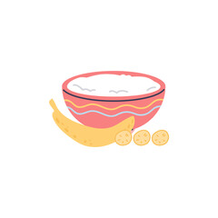 Bowl of sour cream, yogurt with banana vector flat icon, fresh milk mousse dessert in pink ceramic plate with fruit