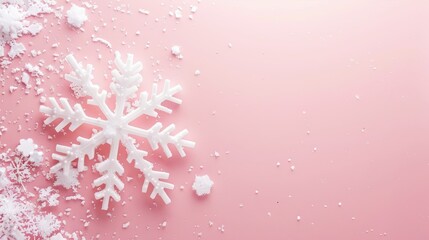 Minimalist design, soft pink background, single snowflake ornament, clean space for text. 