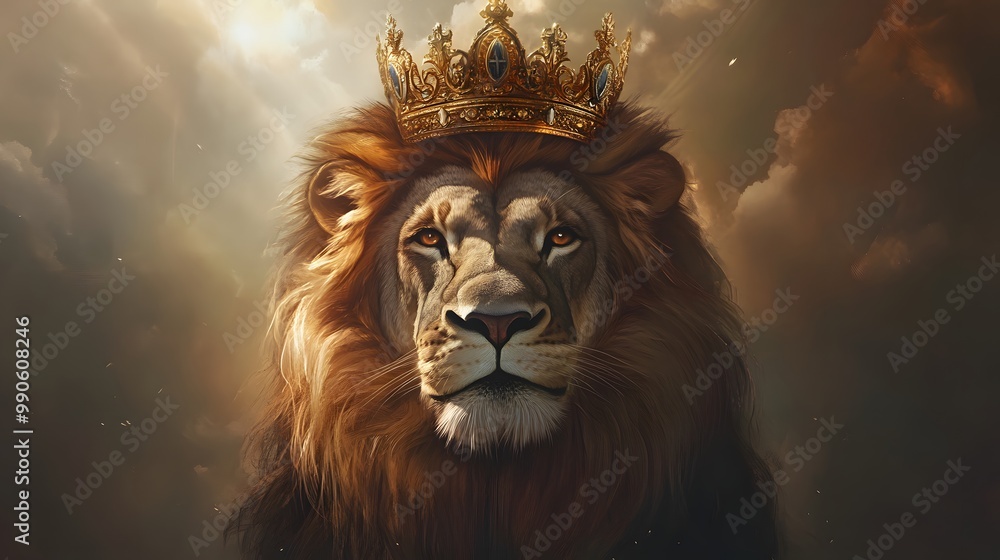 Poster 1. **create a majestic image of a lion wearing a regal crown, symbolizing strength and kingship in a