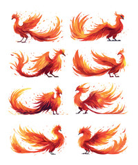 Fototapeta premium Phoenix cartoon vector set. Fiery bird feather burning plumage fire wings flame immortality rebirth soaring mythical flying fantasy legend creature animal, illustrations isolated on white background