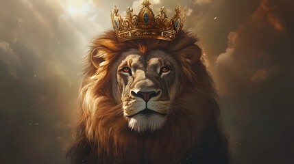 Fototapeta premium 1. **Create a majestic image of a lion wearing a regal crown, symbolizing strength and kingship in a Christian context. The lion should be portrayed with a serene expression, surrounded by soft rays