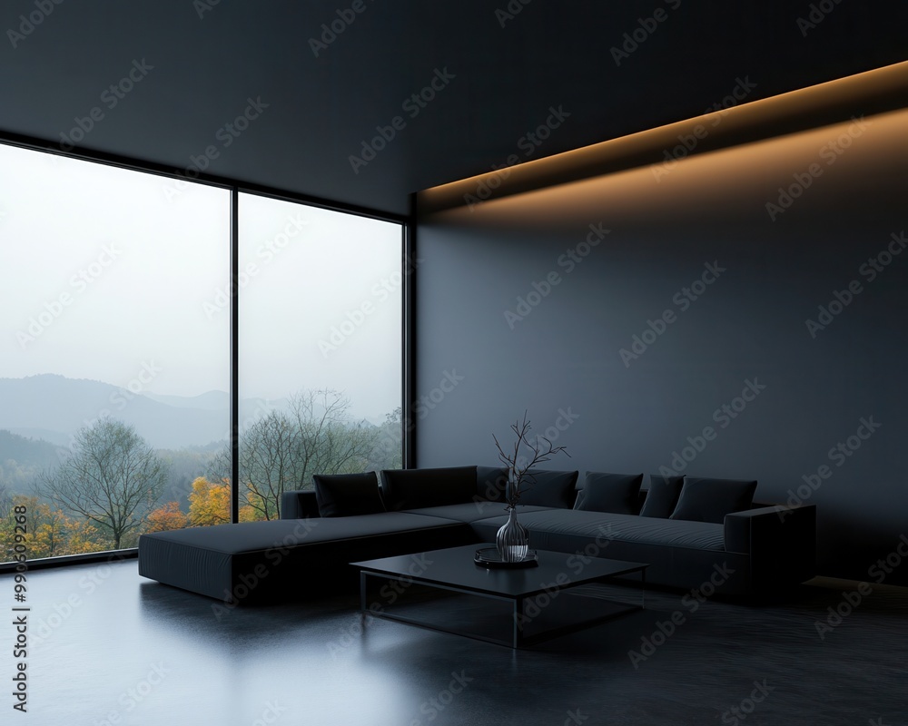 Poster a black couch is in a room with a window that has a view of mountains