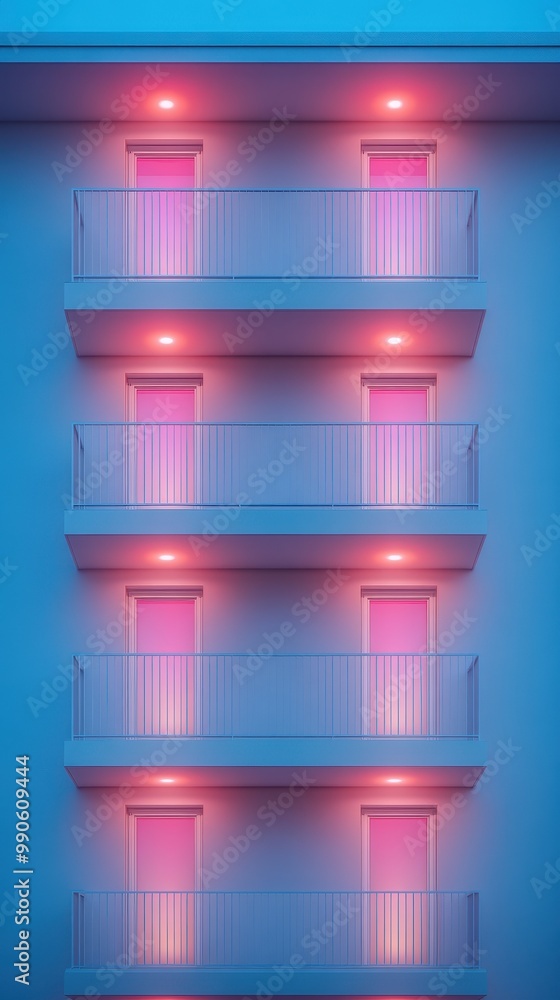 Poster the image is of a building with four floors and pink lights on the windows