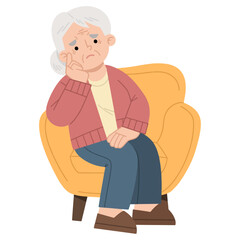Vector illustration of old woman feeling sad and alone sitting on sofa