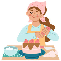 Vector illustration of female chef cooking cake