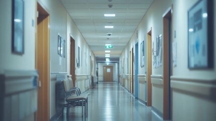 A quiet hospital corridor with doors and seating, suggesting a medical environment.