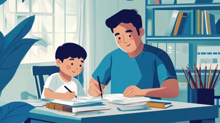 A father patiently guides his child through homework tasks at a well-organized study desk