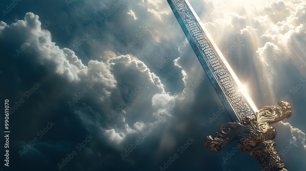 Poster 1. **create an image of a beautifully crafted sword with a hilt shaped like an open bible. the blade