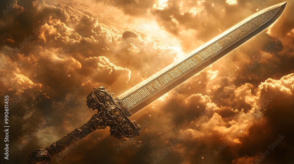 Poster 1. **create an image of a beautifully crafted sword with a hilt shaped like an open bible. the blade