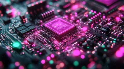 Fototapeta premium High-Tech Circuit Board with Pink Neon Glow Generative AI