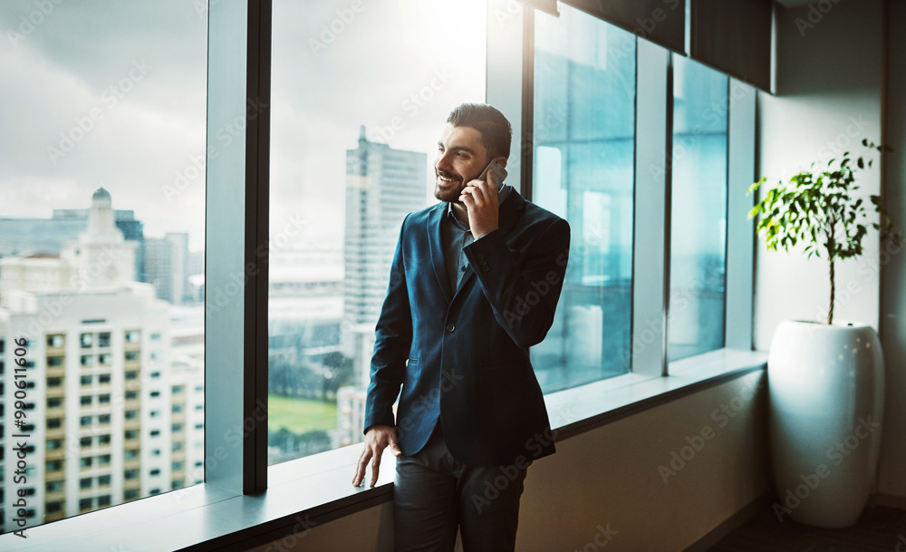 Poster office, discussion and businessman by window for phone call, thinking and networking with client for