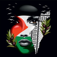 Palestine Flag and Map, olive branch and Keffiyeh on Girl's Portrait Symbol of Palestinian Strength and Resistance Vector Illustration
