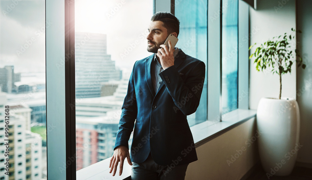 Aufkleber office, listening and businessman by window for phone call, thinking and networking with client for 