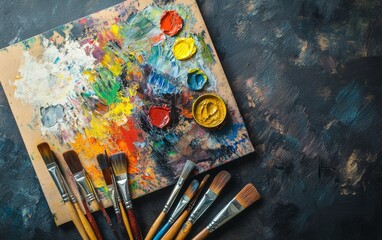 Fototapeta premium Colorful artist palette with oil paints and various paintbrushes. Creative art supplies on dark textured background. Artistic expression and painting concept