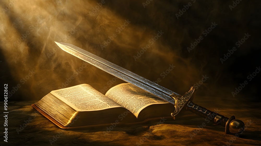 Poster 3. **depict a powerful scene featuring a sword resting on an open bible, with rays of light illumina