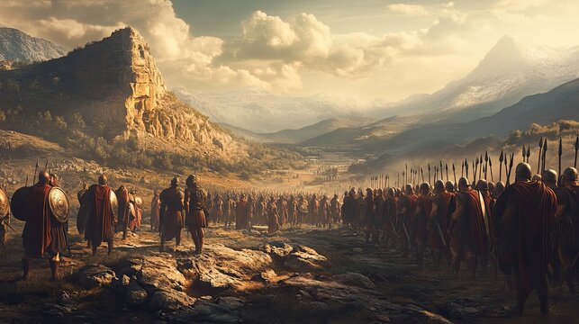 Ancient Army Marching Through a Mountain Valley Towards a Distant City