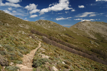 Fototapeta premium Vedute panoramiche sul sentiero per Punta La Marmora, sui Monti del Gennargentu, sullo sfondo Punta Paulinu e Punta La Marmora
