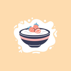 Vector illustration showing a dark bowl with yogurt and strawberries.