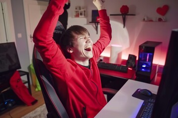 A stylish man exults in his victory while gaming in a cozy room, his triumphant laughter filling the space as he revels in a successful battle royale experience.