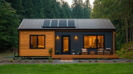 modern wooden house with solar panels, surrounded by trees, features large windows and cozy porch. design blends nature with contemporary living, creating serene atmosphere. 