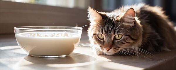 A curious cat gazing at a bowl of milk on a sunlit windowsill in a cozy home setting