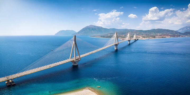 Panoramic aerial view of the big suspension bridge between Rio and Antirio, Peloponnese, Greece