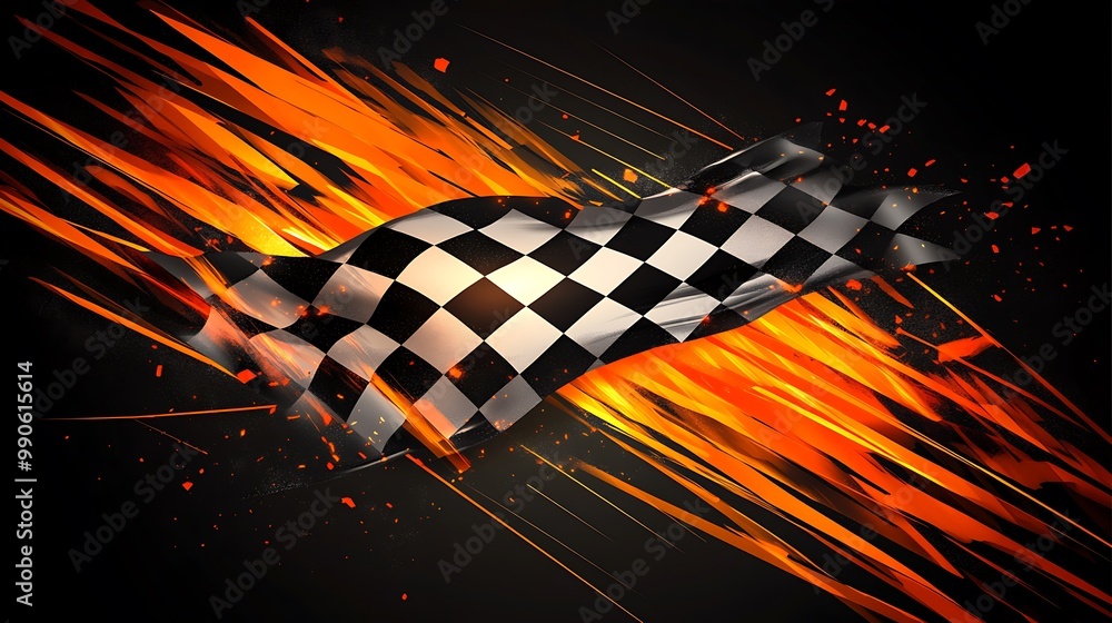 Poster Checkered racing flag with flames and speed lines on dark background.