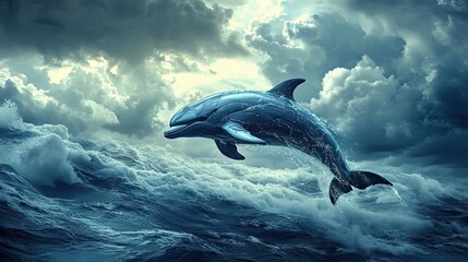 Fototapeta premium A Metallic Dolphin Leaps Through Stormy Ocean Waves