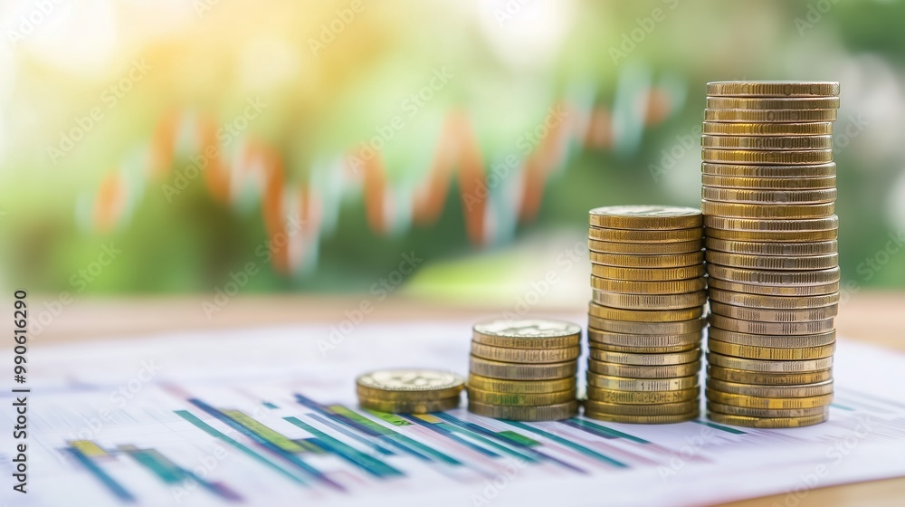 Aufkleber stacks of coins increasing in height on a blurred graph backdrop representing financial growth and i
