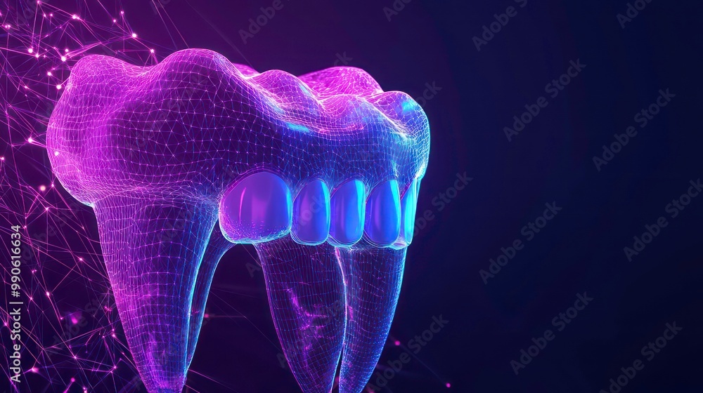 Poster wireframe of a tooth with glowing pink and blue light.