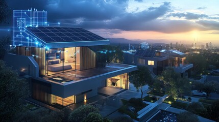 Obraz premium Modern home with solar panels and smart technology, set against a city skyline at dusk.