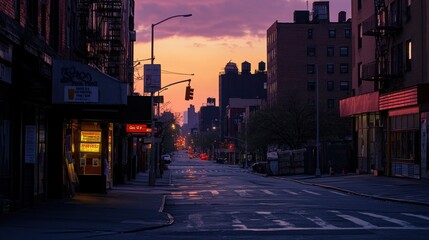 Fototapeta premium A quiet urban street at sunset, showcasing buildings and a serene atmosphere.