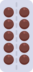 Blister pack containing round brown pills providing medical treatment for illness and injury