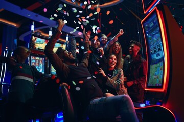 A vibrant gathering of young friends cheers and celebrates their luck at the automat machine, surrounded by colorful lights and festive decorations in a bustling casino atmosphere.