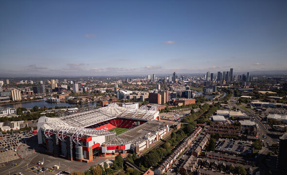 MANCHESTER, UK - SEPTEMBER 22, 2024: Manchester United Football stadium drone view of Old Trafford Stadium