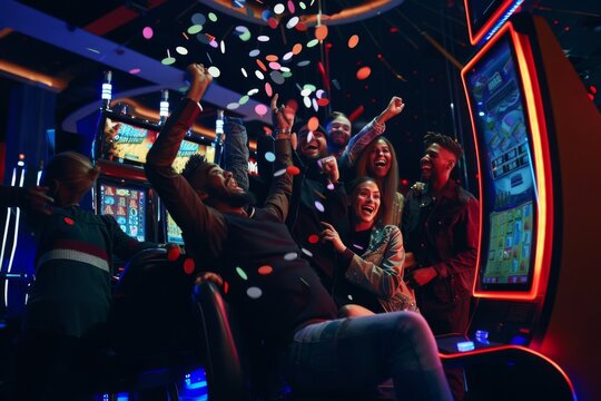 A vibrant gathering of young friends cheers and celebrates their luck at the automat machine, surrounded by colorful lights and festive decorations in a bustling casino atmosphere.