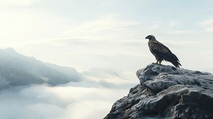 A lone eagle perched on a rocky cliff overlooking a sea of clouds.