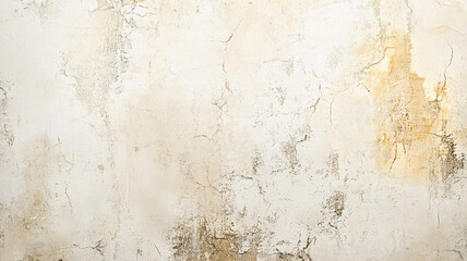 Fototapeta premium Textured white plaster wall with cracks and stains in a well-lit interior space