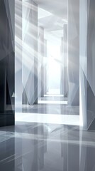 Obraz premium A series of translucent geometric shapes, suspended in mid-air, casting subtle reflections on a glossy floor. The ambient lighting creates soft gradients on the walls.