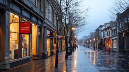 Fototapeta premium A quiet, rainy street lined with shops and trees, evoking a calm urban atmosphere.