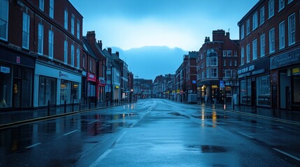 Obraz premium A quiet, rainy street scene with reflections and a moody atmosphere.