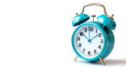 A turquoise alarm clock on a white background.