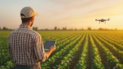 farmer uses tablet to control drone over lush green field at sunset, showcasing modern agricultural technology and innovation. 