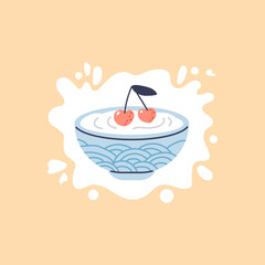 A vector icon with a bowlof Greek yogurt with a fresh sprig of cherry